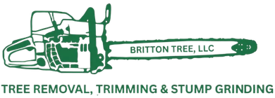 A green logo for Britton Tree, LLC, depicting a chainsaw with the text "TREE REMOVAL, TRIMMING & STUMP GRINDING" below it.