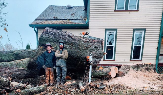 Two people stand in front of a massive fallen tree trunk positioned next to a two-story beige house.
