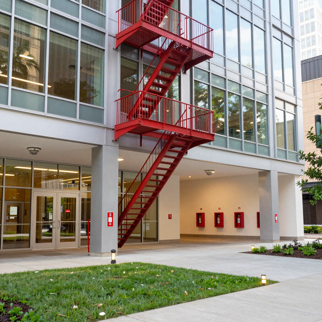 Modern two-story building with large glass windows and a bright red exterior staircase on the side
