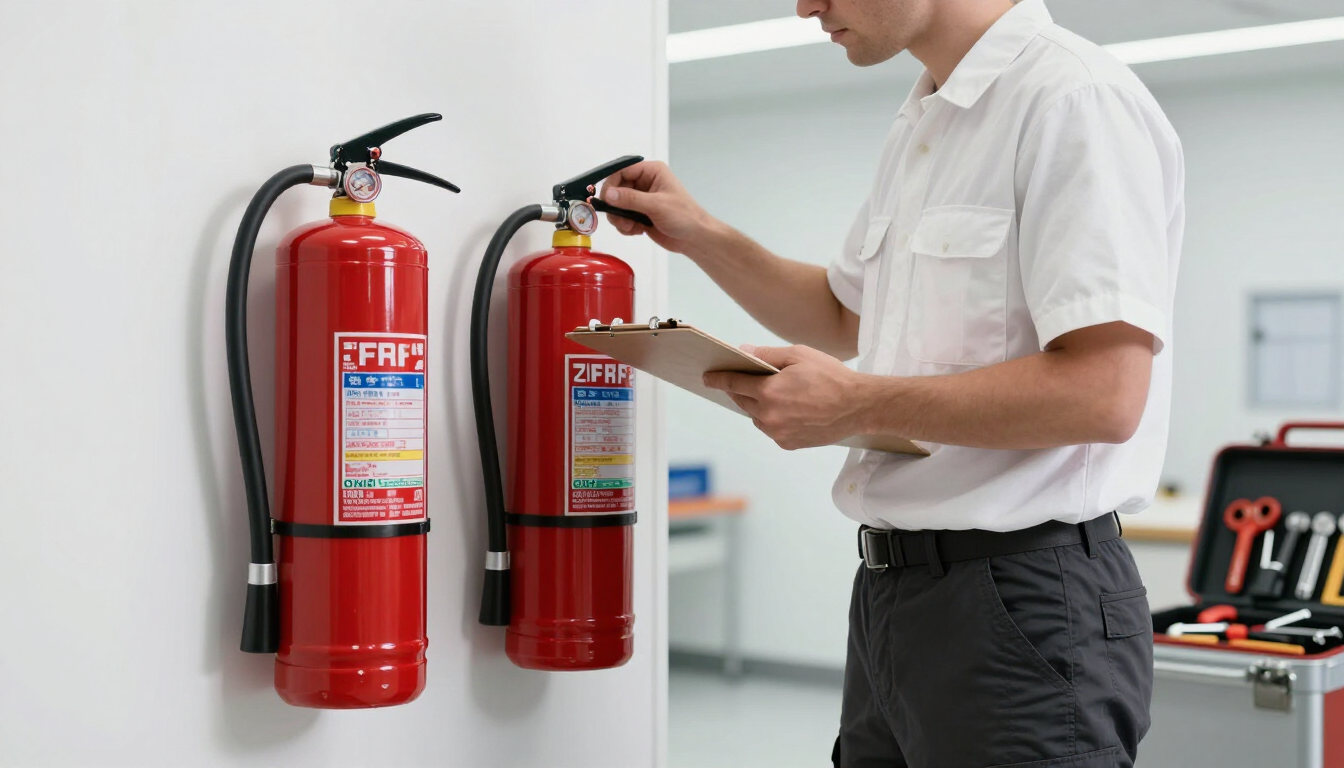 Person inspecting a red fire extinguisher on a wall in an office hallway