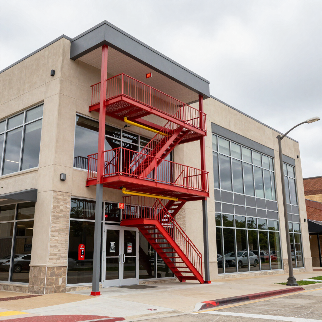 Modern building facade with large windows and a red exterior staircase