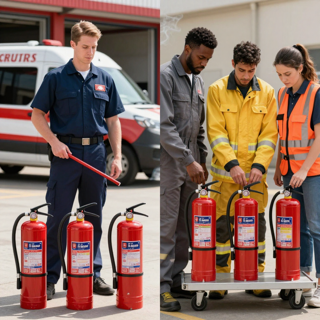 People in work uniforms handling red fire extinguishers in a parking lot, with a van in the background