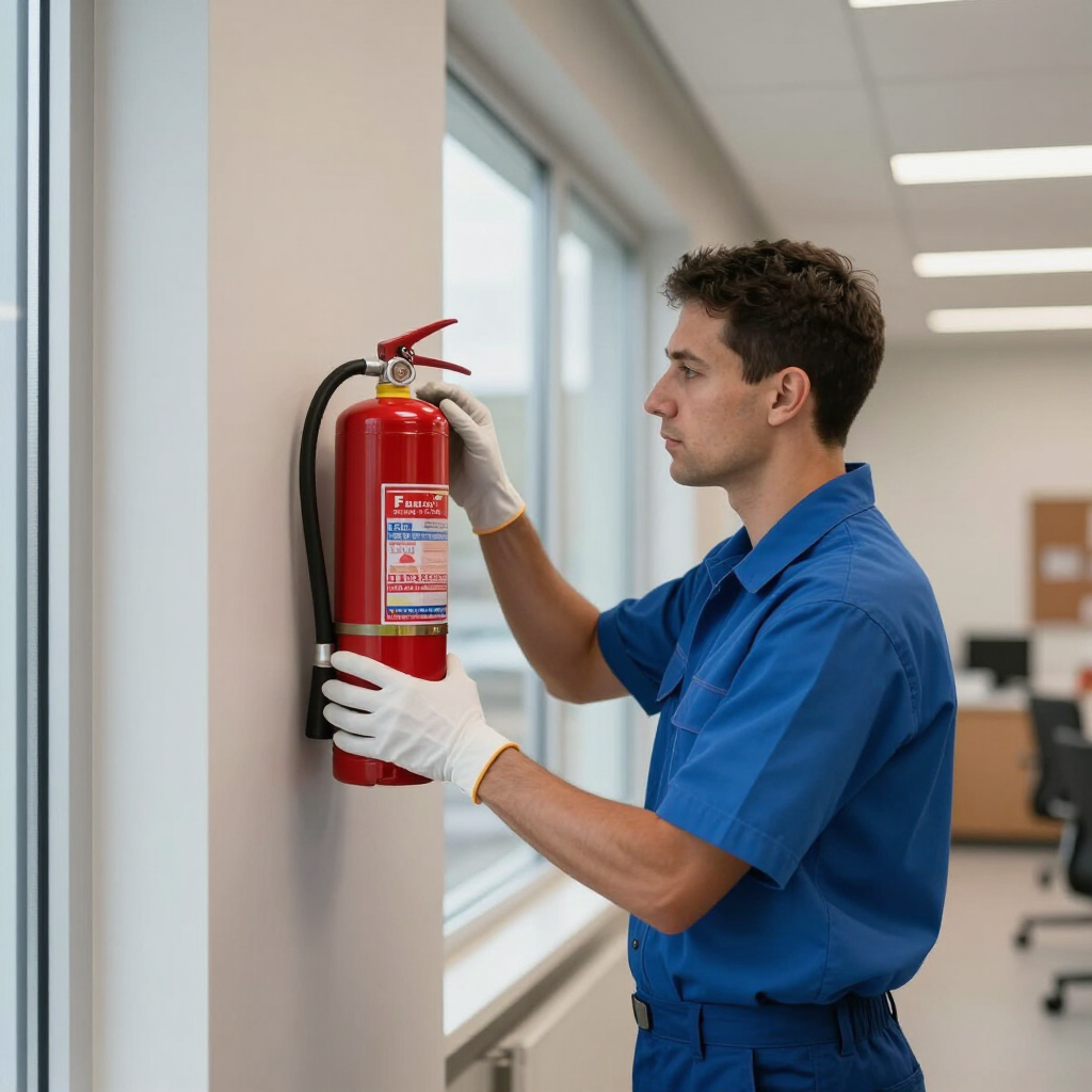 Worker in blue uniform mounting a red fire extinguisher on an office wall