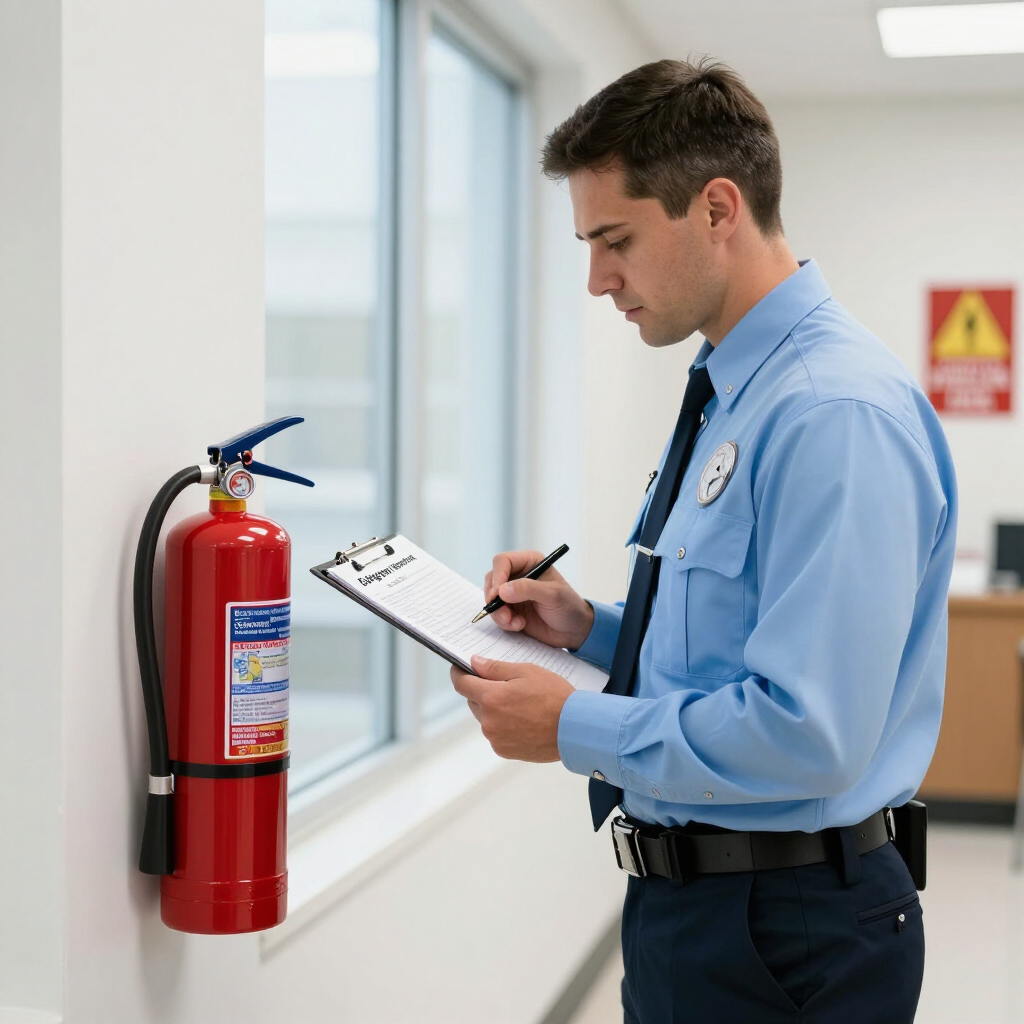 Worker in blue shirt checking a red fire extinguisher on a wall with a clipboard