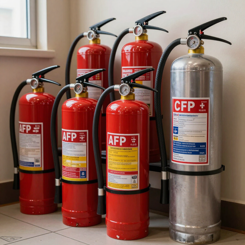 Several red and silver fire extinguishers lined up indoors on a tiled floor.