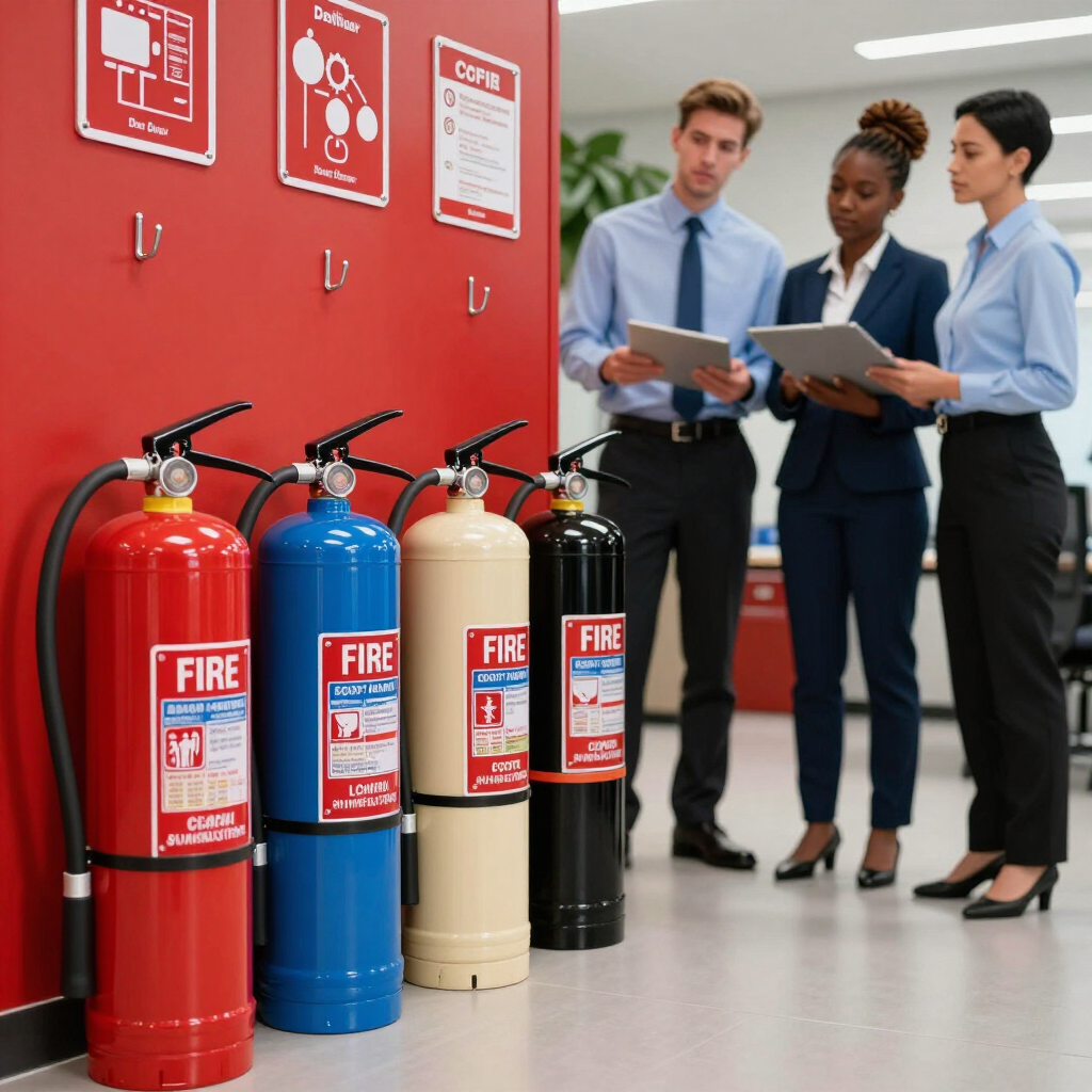 Fire extinguishers lined up in a hallway as three people inspect documents nearby.