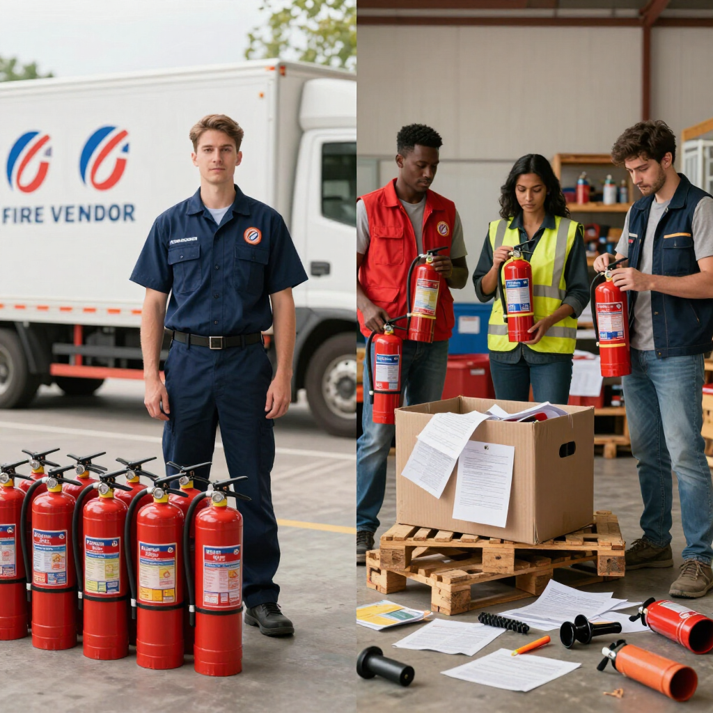 Fire safety crew with extinguishers and equipment beside a vendor truck and palletized supplies