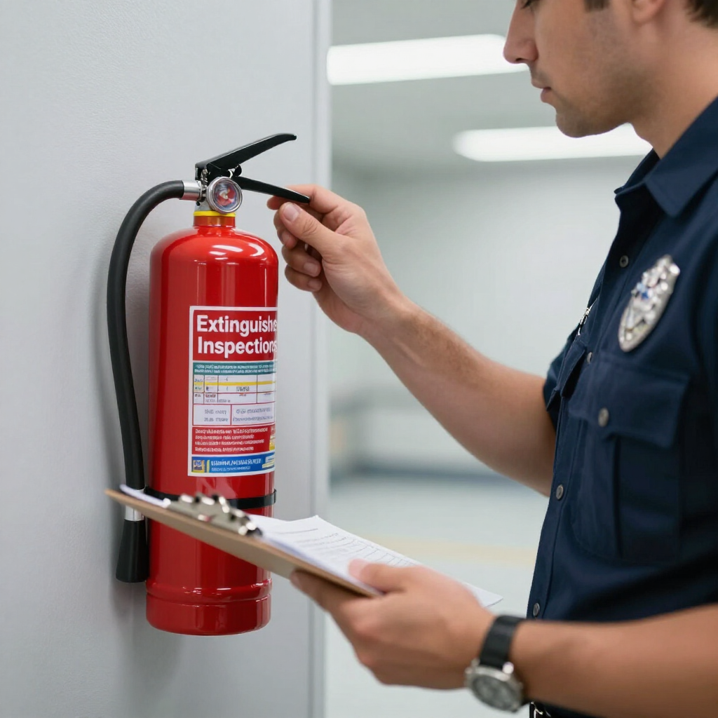 Worker inspecting a red fire extinguisher with a clipboard indoors