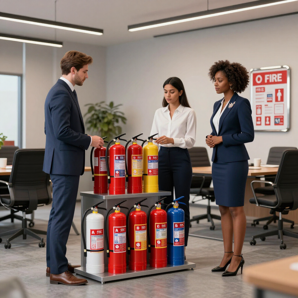 Three people in an office examining rows of fire extinguishers beside a fire safety sign.