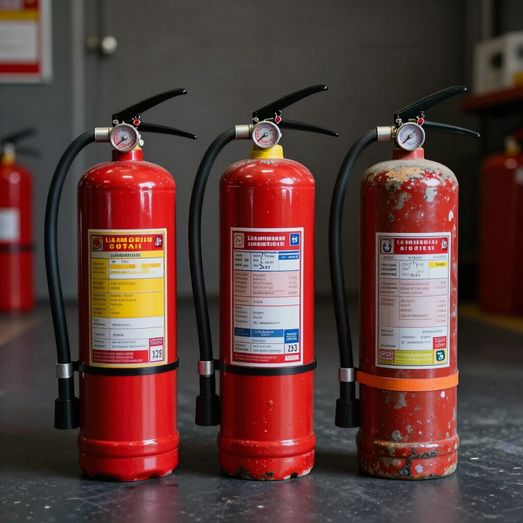 Three red fire extinguishers standing on a floor in an indoor setting.