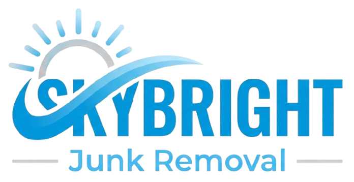 Skybright Junk Removal logo with blue text and a rising sun graphic
