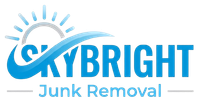 Skybright Junk Removal logo with blue text and a rising sun graphic