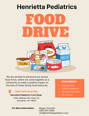 Henrietta Pediatrics food drive poster with illustrated canned and boxed foods on a beige background