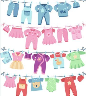 Colorful baby and kids’ clothes hanging on four lines with tiny clothespins.