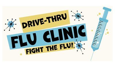 Drive-thru flu clinic sign with blue syringe and bold black text on a cream background.