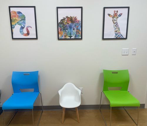 Three colorful kids’ chairs beneath animal artwork on a plain wall in a waiting area