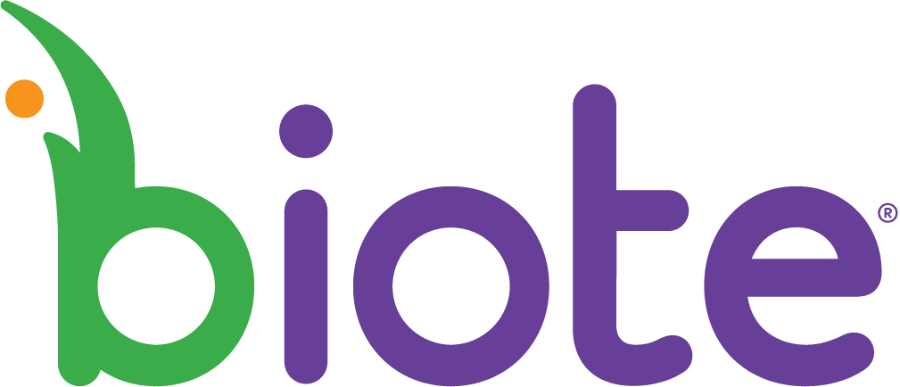 The biote logo is green and purple and has a leaf on it.