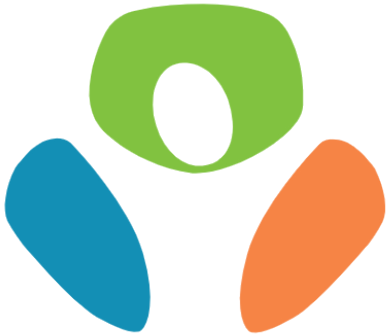 Green, blue, and orange abstract symbol with a white oval center.