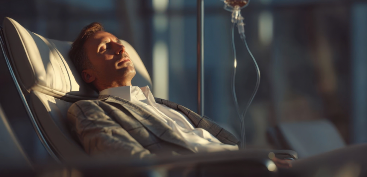 A man getting IV after a long day of traveling