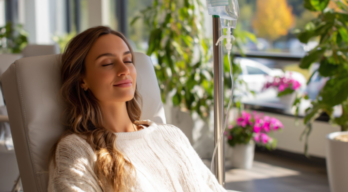 Woman relaxing in a recliner during an IV therapy session in a bright, plant-filled Westshore Tampa