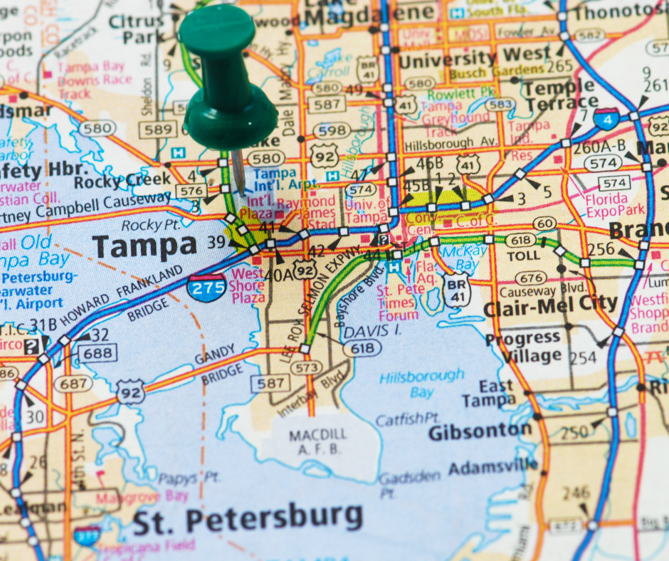 a map of tampa with a green pin on it