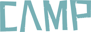 the word camp is written in blue letters on a white background .