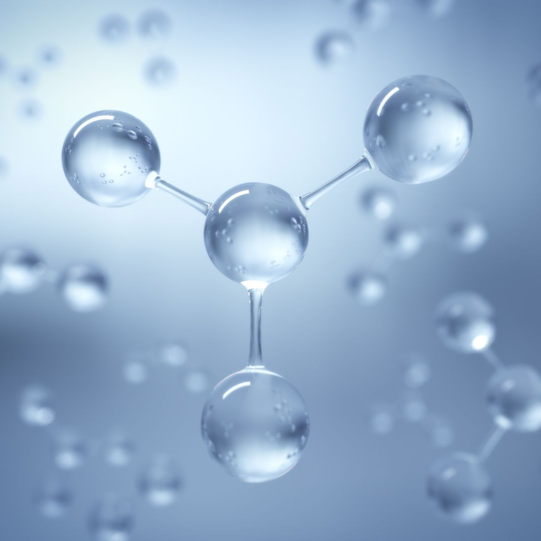 Molecular model with connected spheres, translucent blue, on a light blue background.