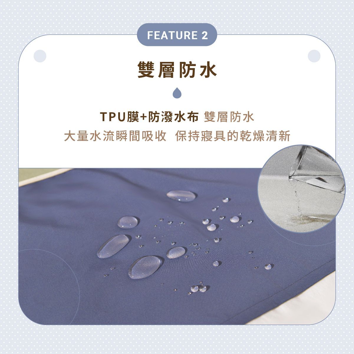 雙層防水布料示意圖，藍紫色表面水珠滾落，展示 TPU+防水層效果