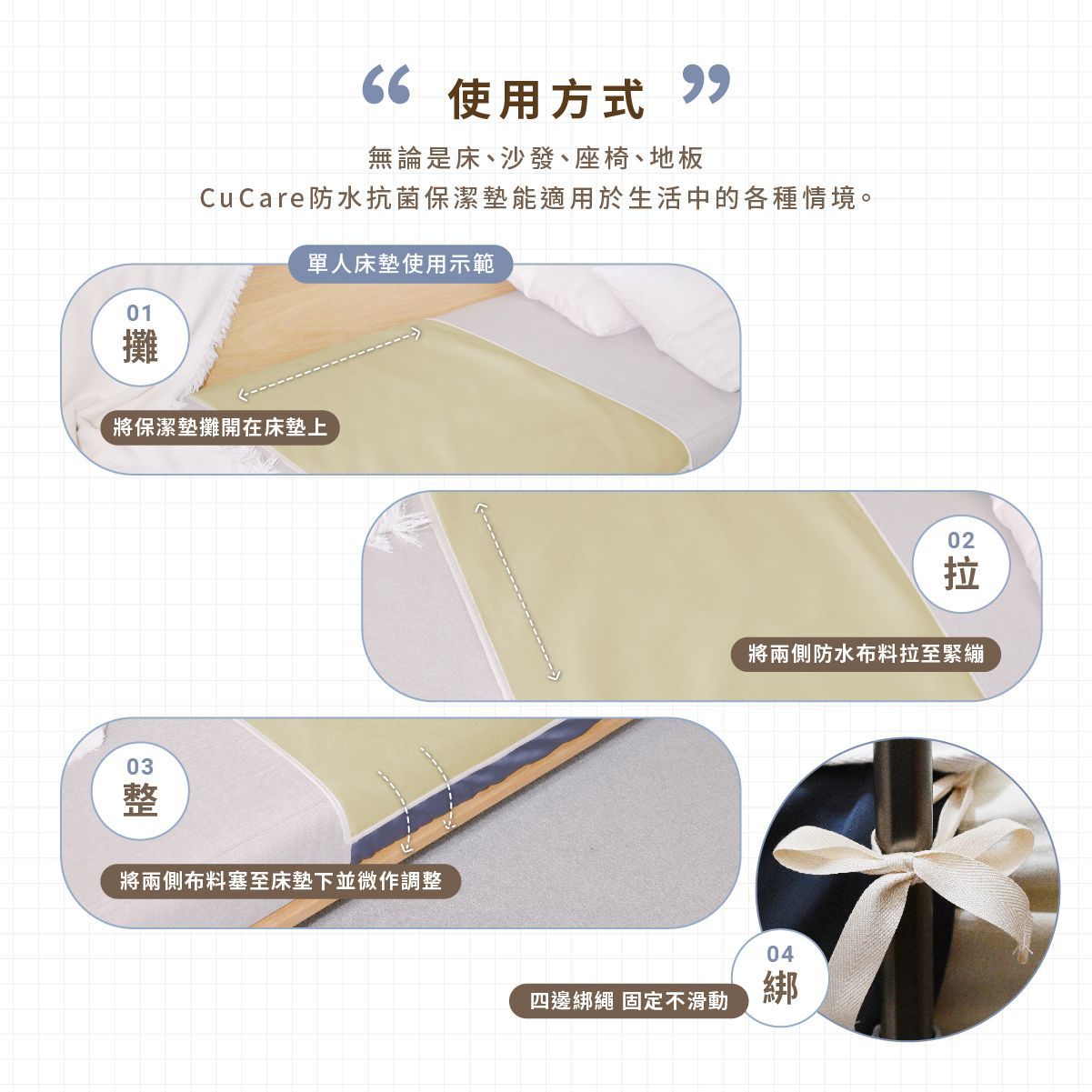中文資訊圖，展示了包含多層布料和打結說明的四步驟製作過程。