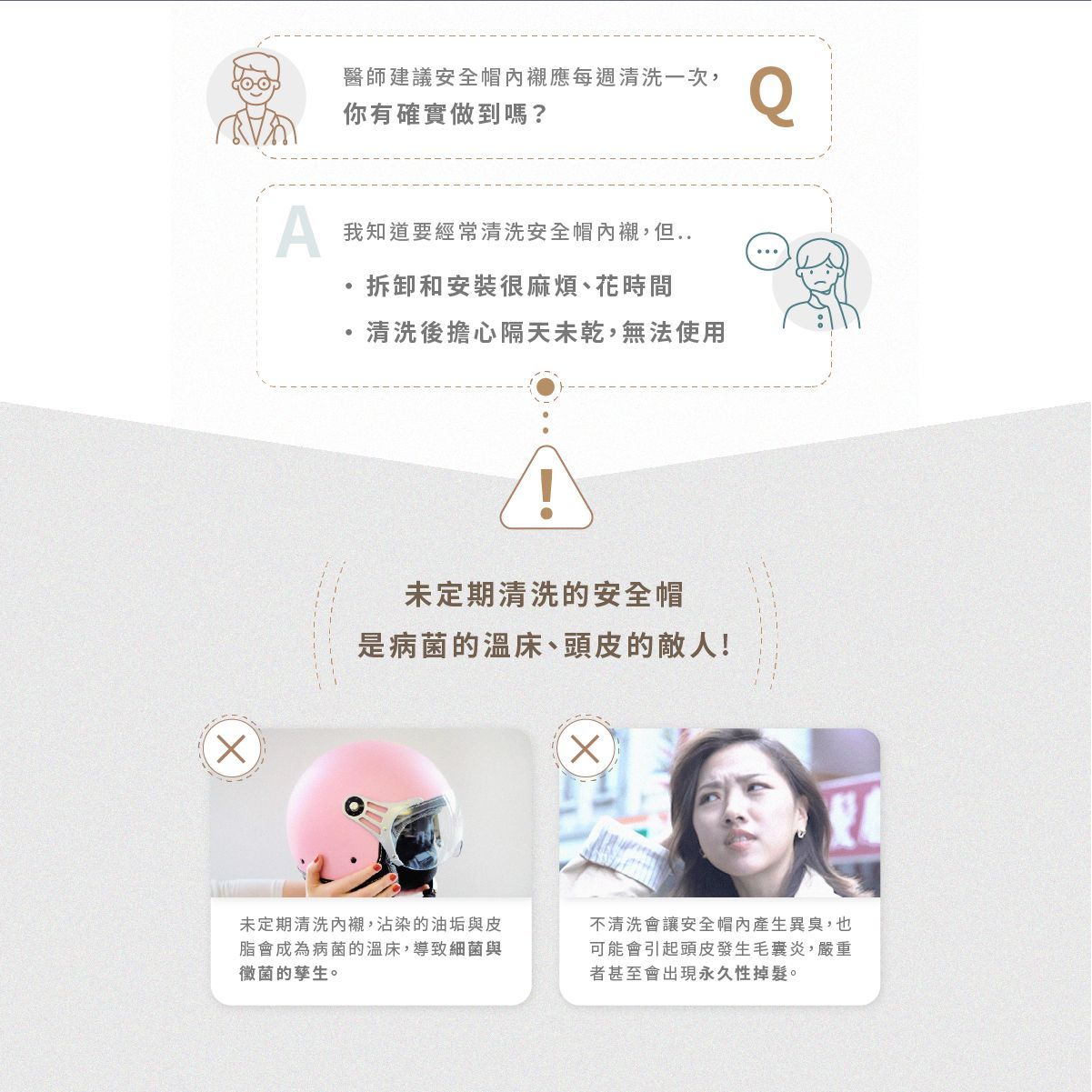 銅離子安全帽產品展示，顏色為青色和灰色，包裝和中文文字位於米色背景上。