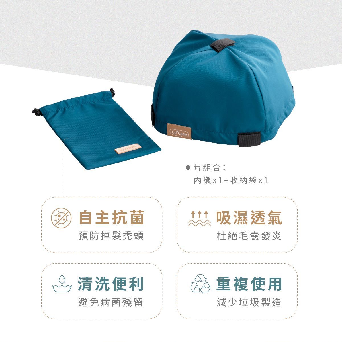 藍色抽繩背包和配套小袋，白色背景，帶有中文標誌標籤