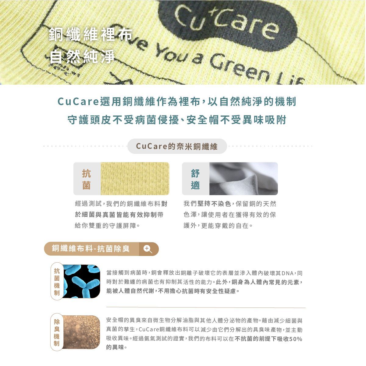 CuCare產品宣傳海報，白色背景，綠色葉子標誌、中文文字和兩張洗滌劑包裝圖片。