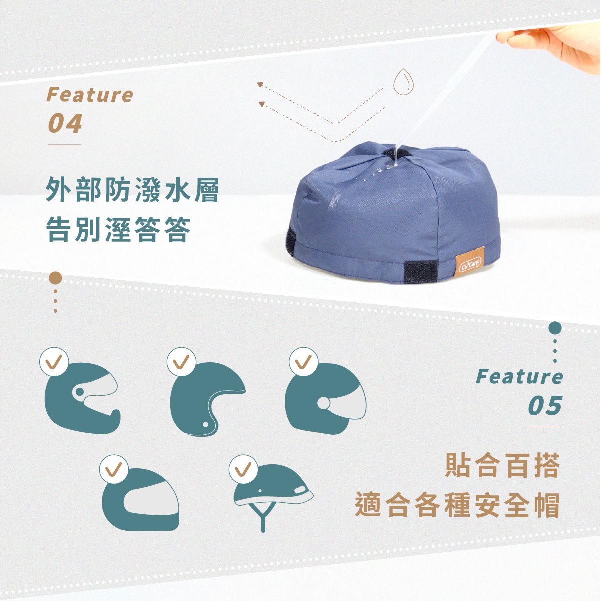 藍色帽子，外層防水，透氣設計，配有特色圖示和中文文字。