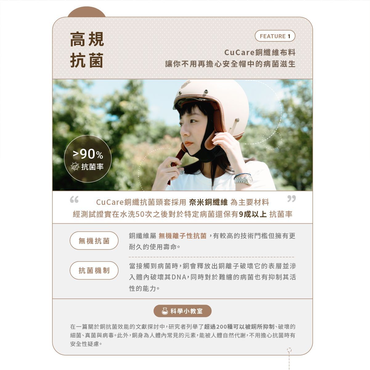 在一張高性能抗菌頭盔的宣傳海報上，畫著一個人在戶外騎自行車，並配有標語「90%」。