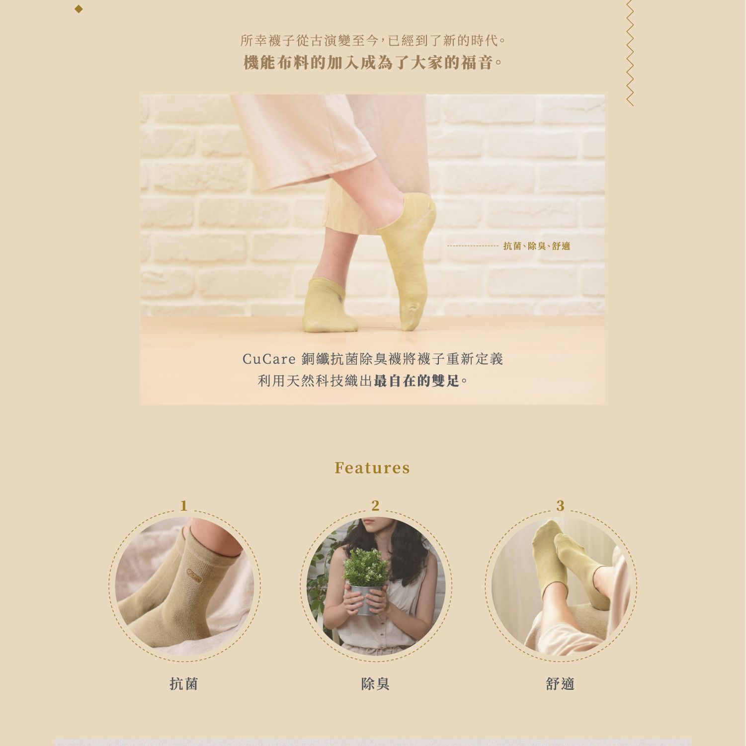 米色產品廣告，展示了一位女士穿著奶油色短襪的雙腿，下方有三個特寫細節圖。