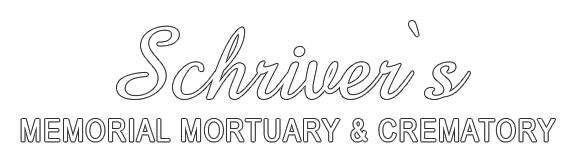 Schriver's Memorial Mortuary & Crematory logo with script font and decorative swirls.
