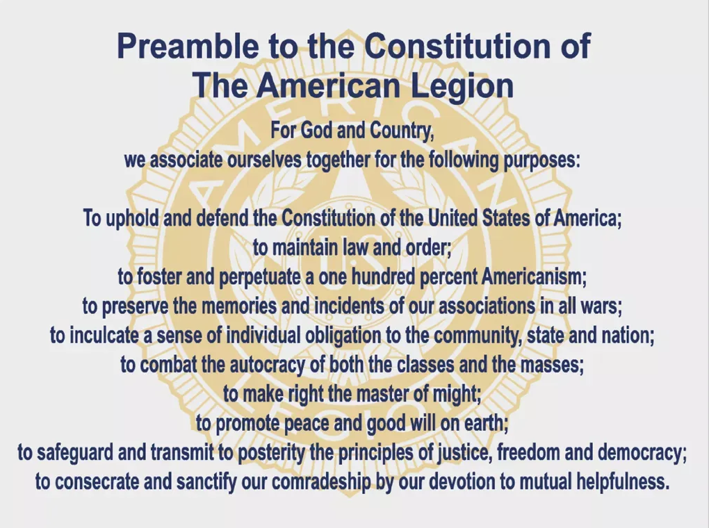 The Preamble to the Constitution of The American Legion, centered in blue text over a light gold emblem.