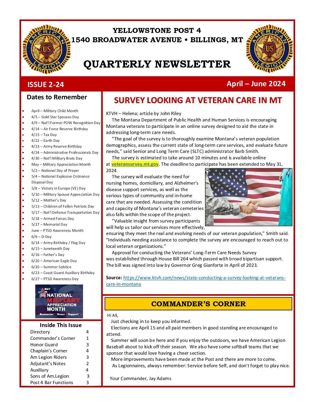 Quarterly newsletter for Yellowstone Post 4 in Billings, MT, with a veteran care survey and commander's update.