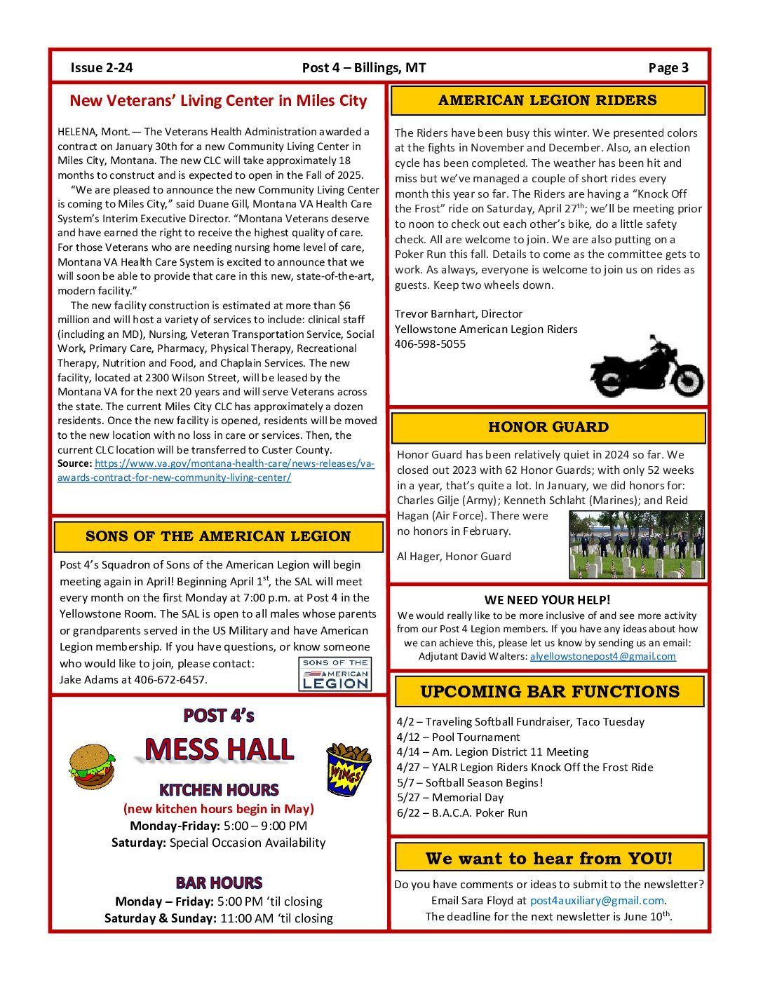 Newsletter for Post 4 American Legion in Miles City, featuring news, event updates, and information on mess hall operations.