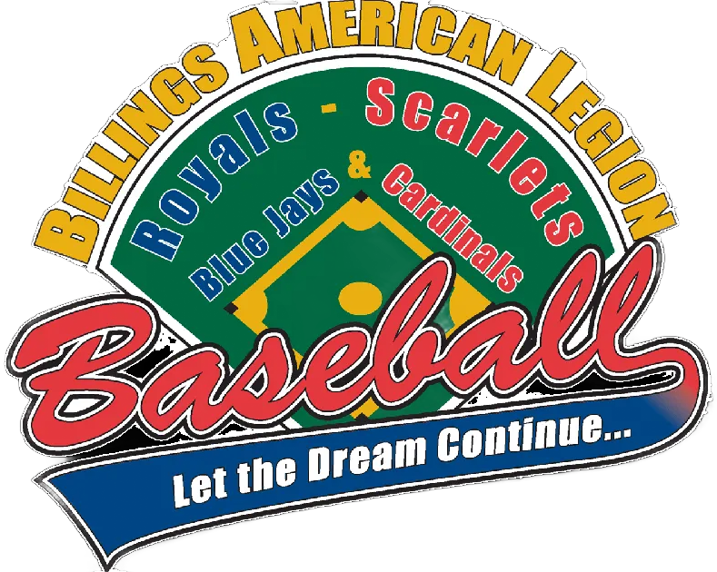 Logo for Billings American Legion Baseball featuring a green field and team names: Royals, Scarlets, Blue Jays, Cardinals.