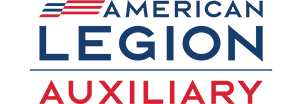 Logo for the American Legion Auxiliary, featuring the text in blue and red with a stylized American flag graphic.