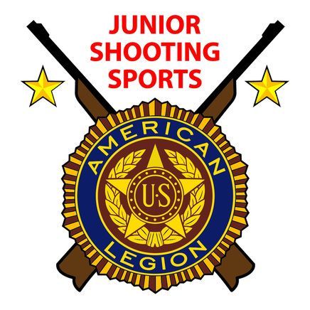 The American Legion Junior Shooting Sports logo features crossed rifles behind a central circular emblem with two stars.