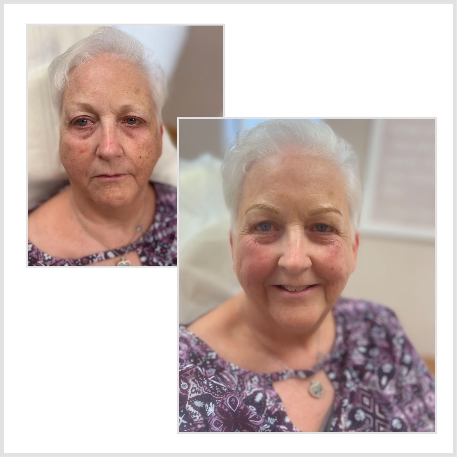Two portrait photos of the same woman, one neutral and one smiling, both against a soft indoor background
