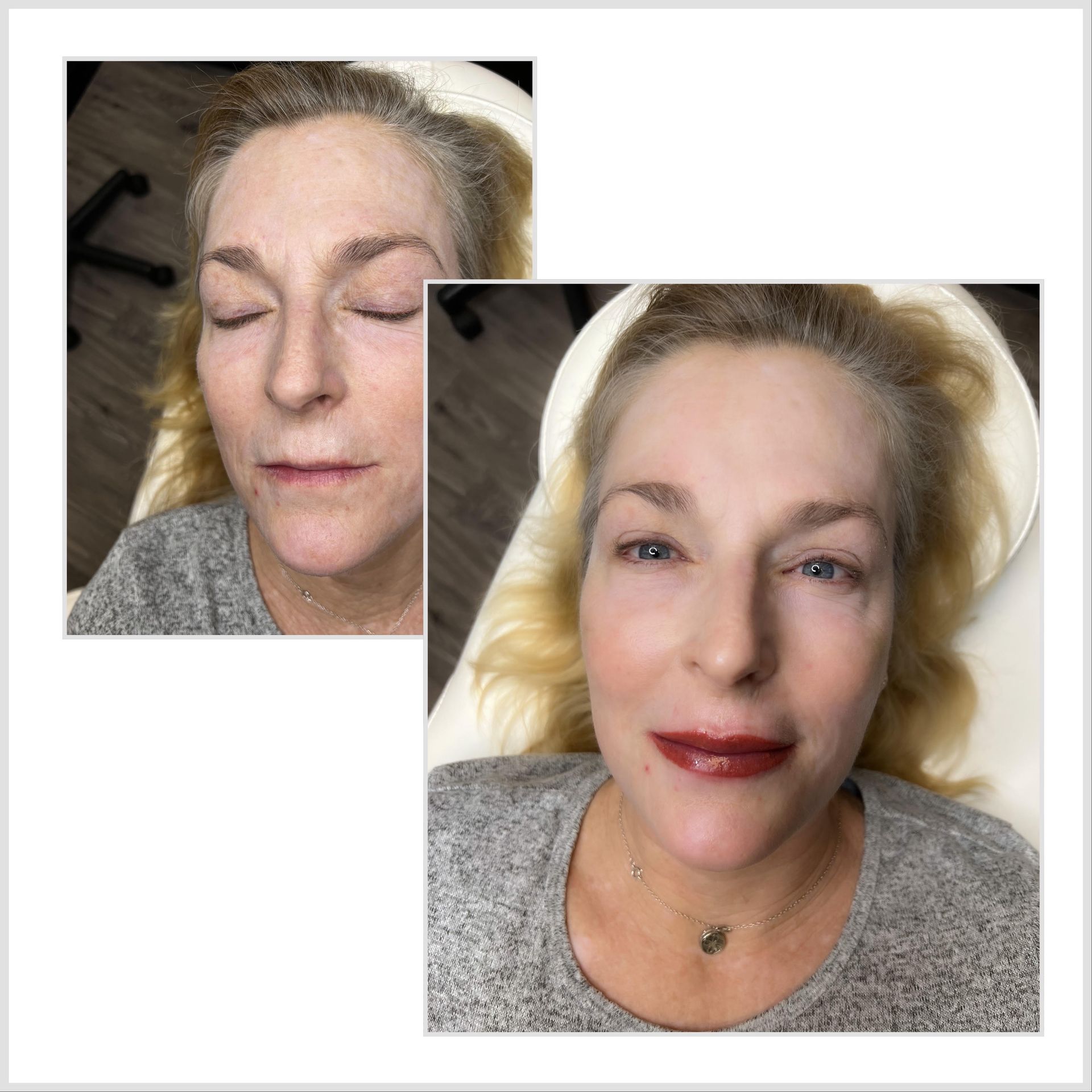 Two side-by-side close-up selfies of a woman, one with eyes closed and one with eyes open and lipstick.
