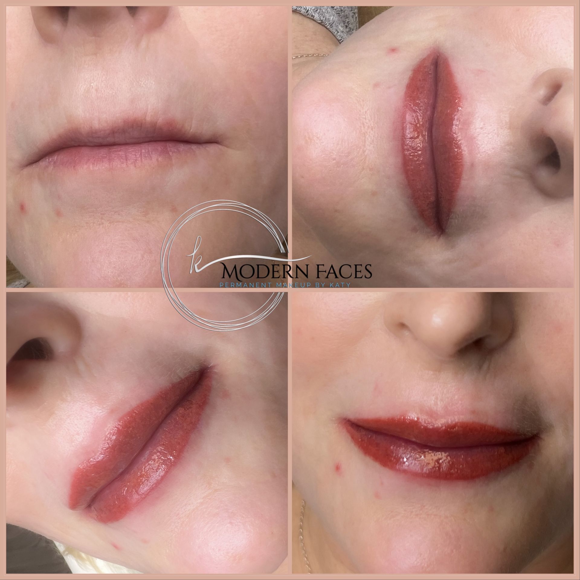 Collage of close-up lips before and after glossy pink-red lip makeup treatment