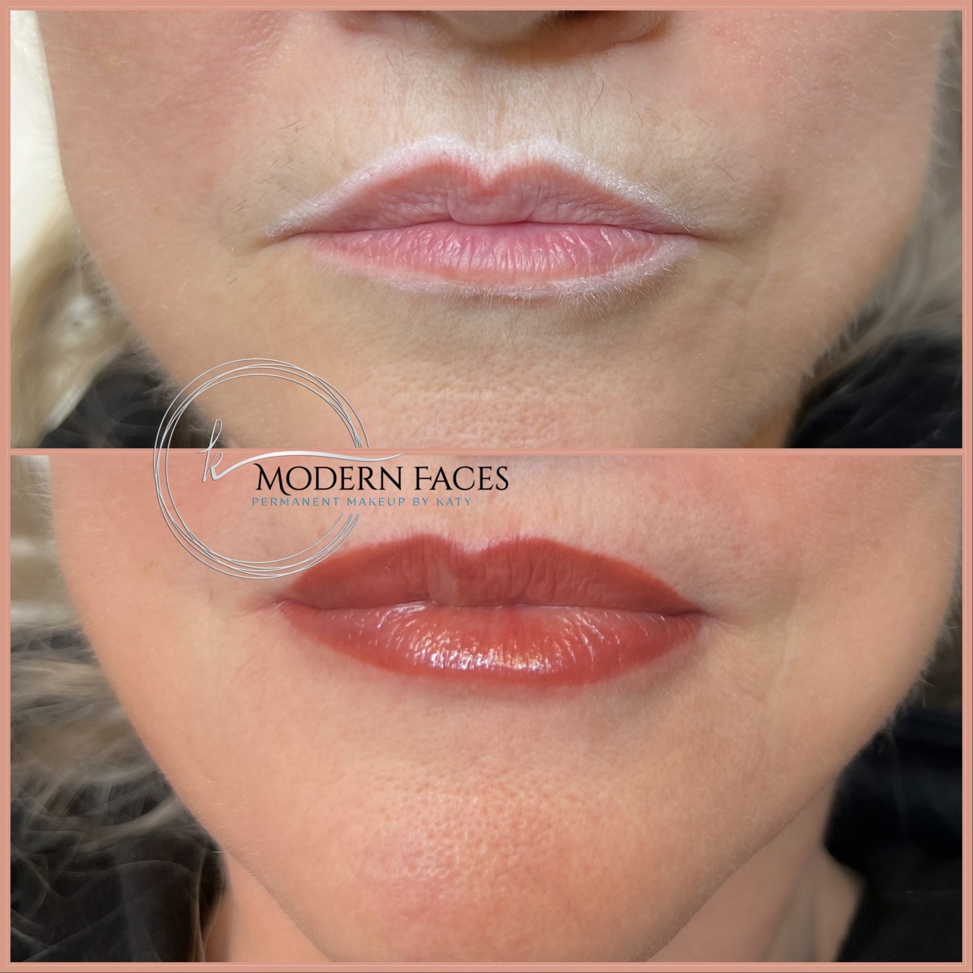 Before-and-after close-up of lips with subtle pink tint changed to glossy red lipstick