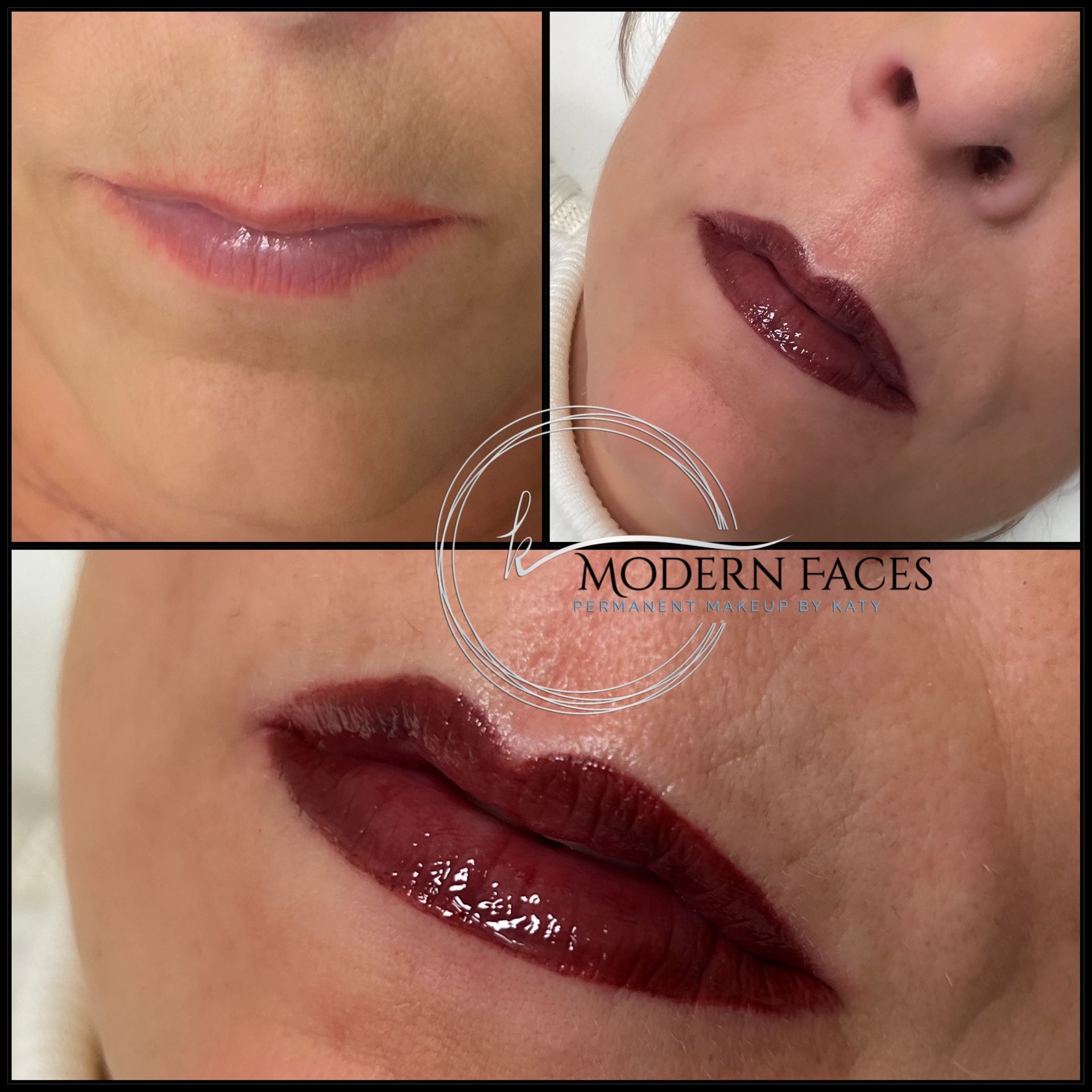 Collage of close-up lips in varying shades of pink and dark burgundy lipstick, showing makeup transformation