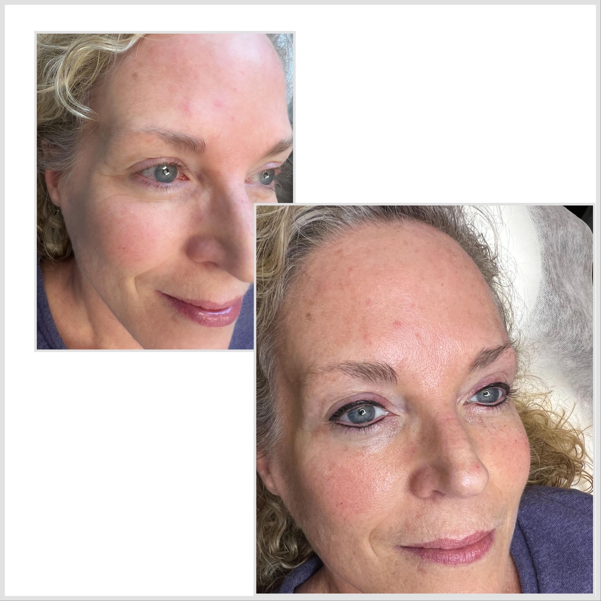 Two close-up selfies of the same person in soft light, showing a subtle makeup look from different angles