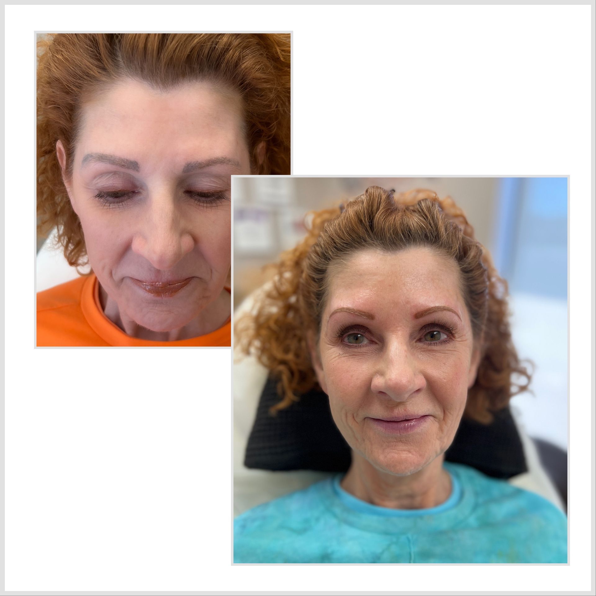 Before-and-after portrait of a woman in a salon chair, wearing orange and turquoise tops.