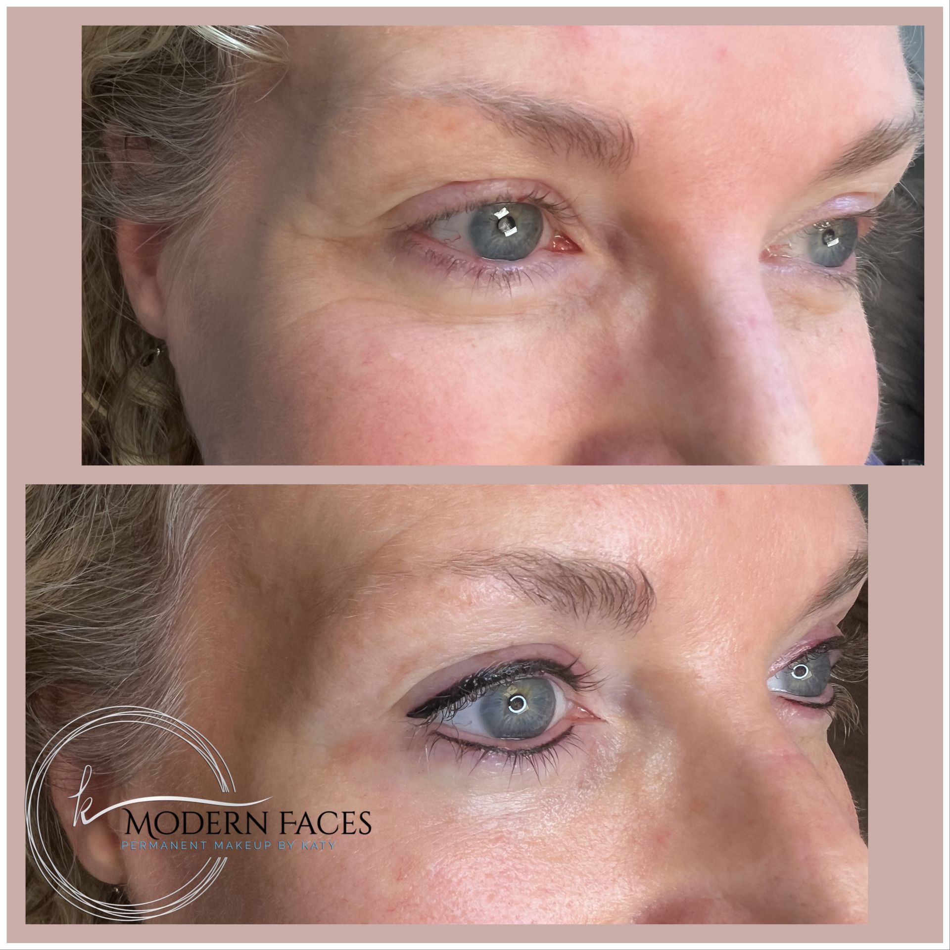 Side-by-side close-up of an eye area before and after makeup enhancement.